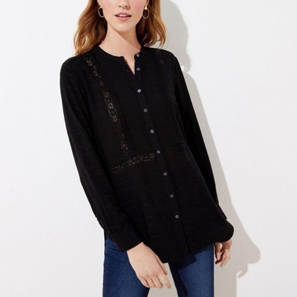 LOFT Tops - NWT LOFT Black Stitch-Detail Textured Stripe Button-Up Long Sleeve Tunic Top